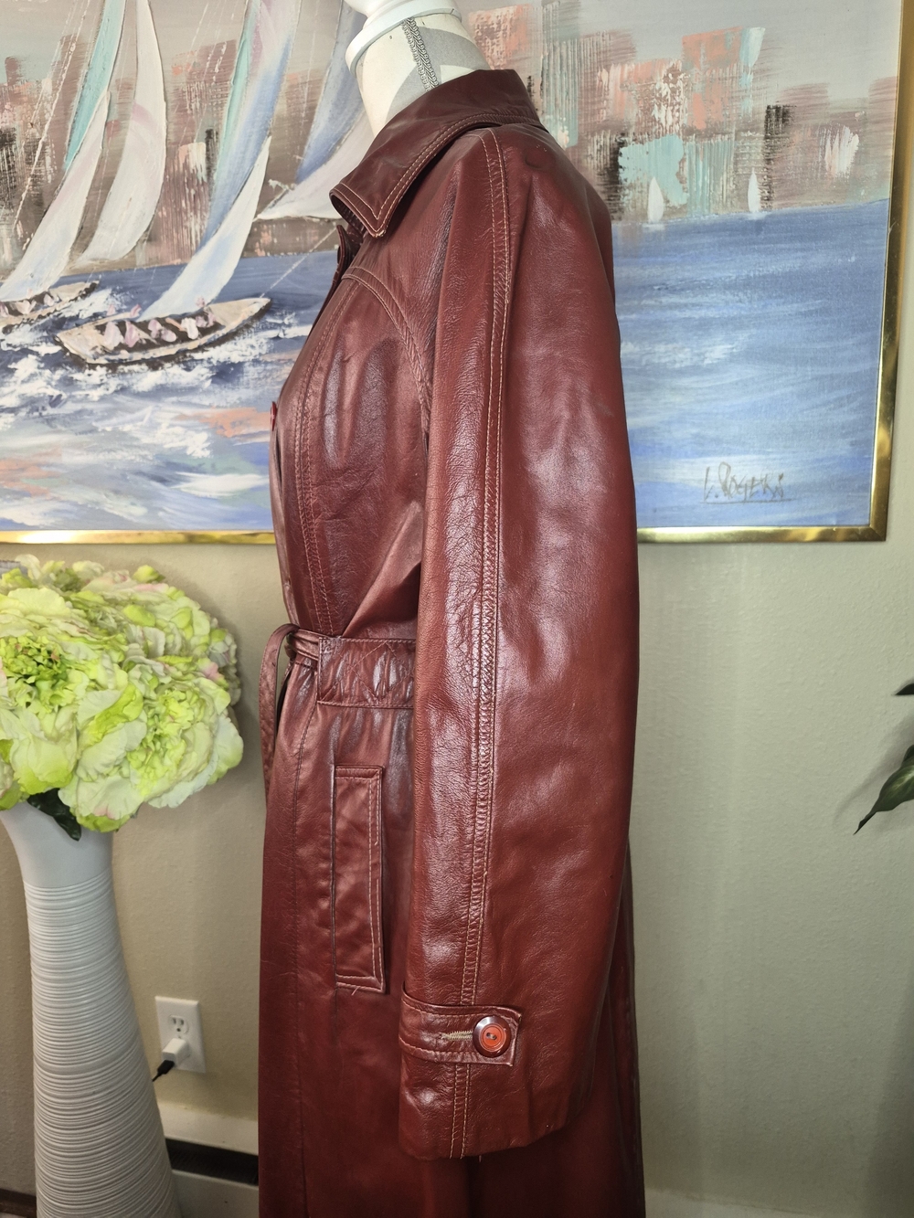 Vintage Red Leather Women's Trench Coat - Picture 5 of 10